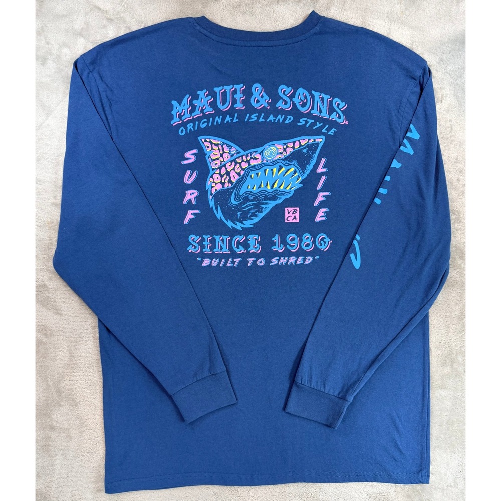 Maui & Sons Mens Long Sleeve Shark Graphic Surf T-Shirt Blue XL